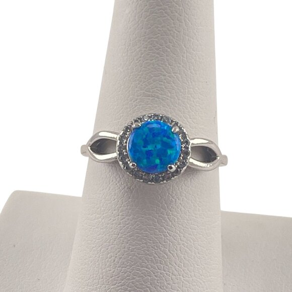 Elegant Blue Opal Halo Ring With Silver Band - Size 8 - Picture 2 of 6